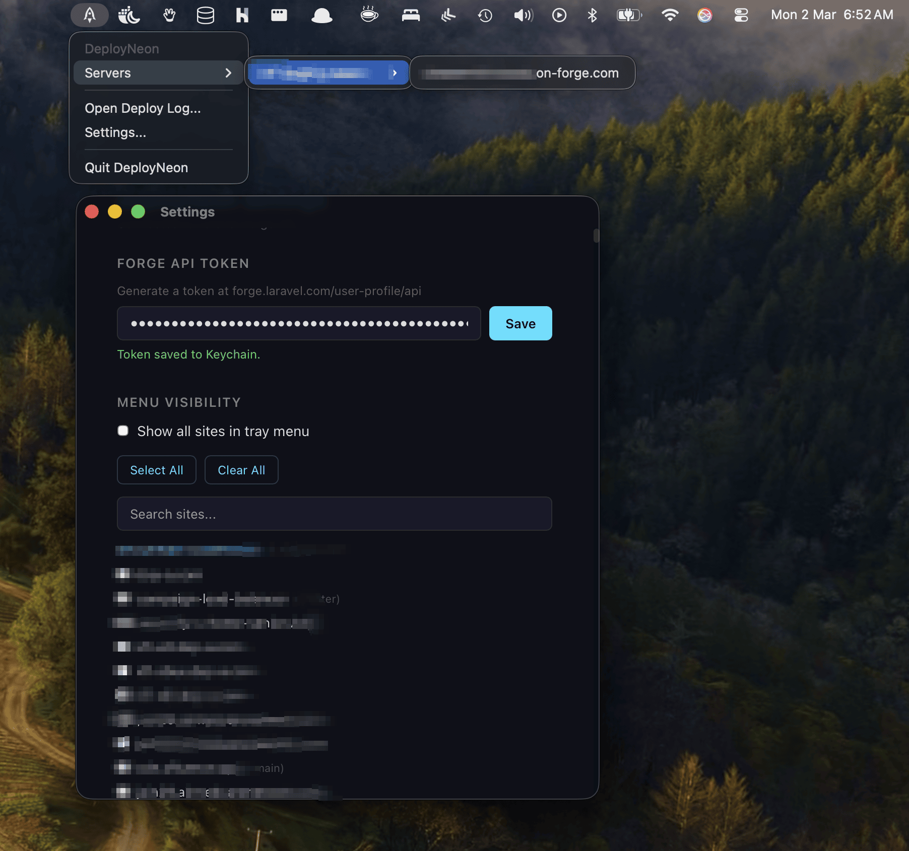 DeployNeon menu bar app showing server and site deployment options