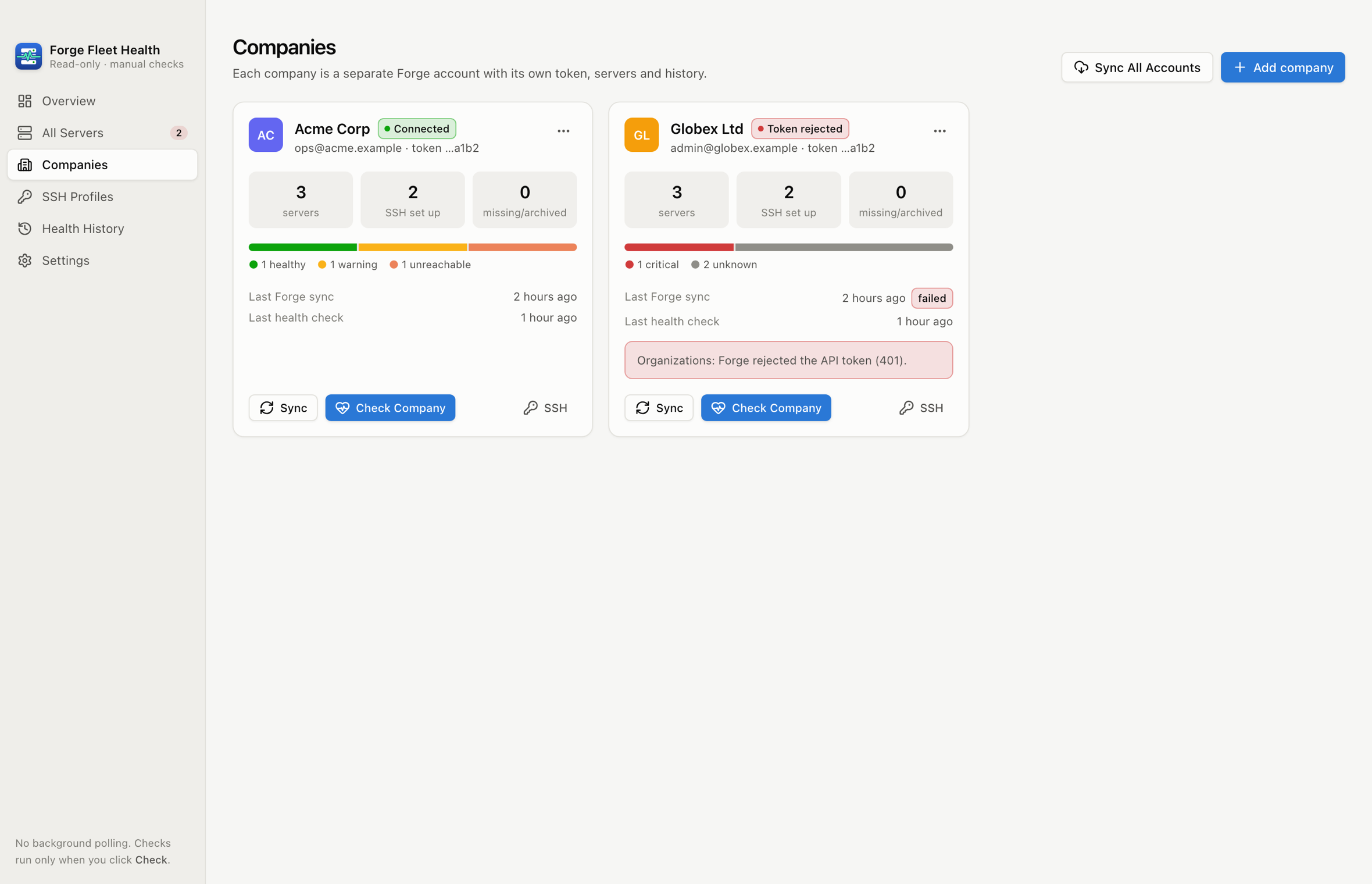 Forge Fleet Health companies view with a card per Forge account showing server counts, health and sync status