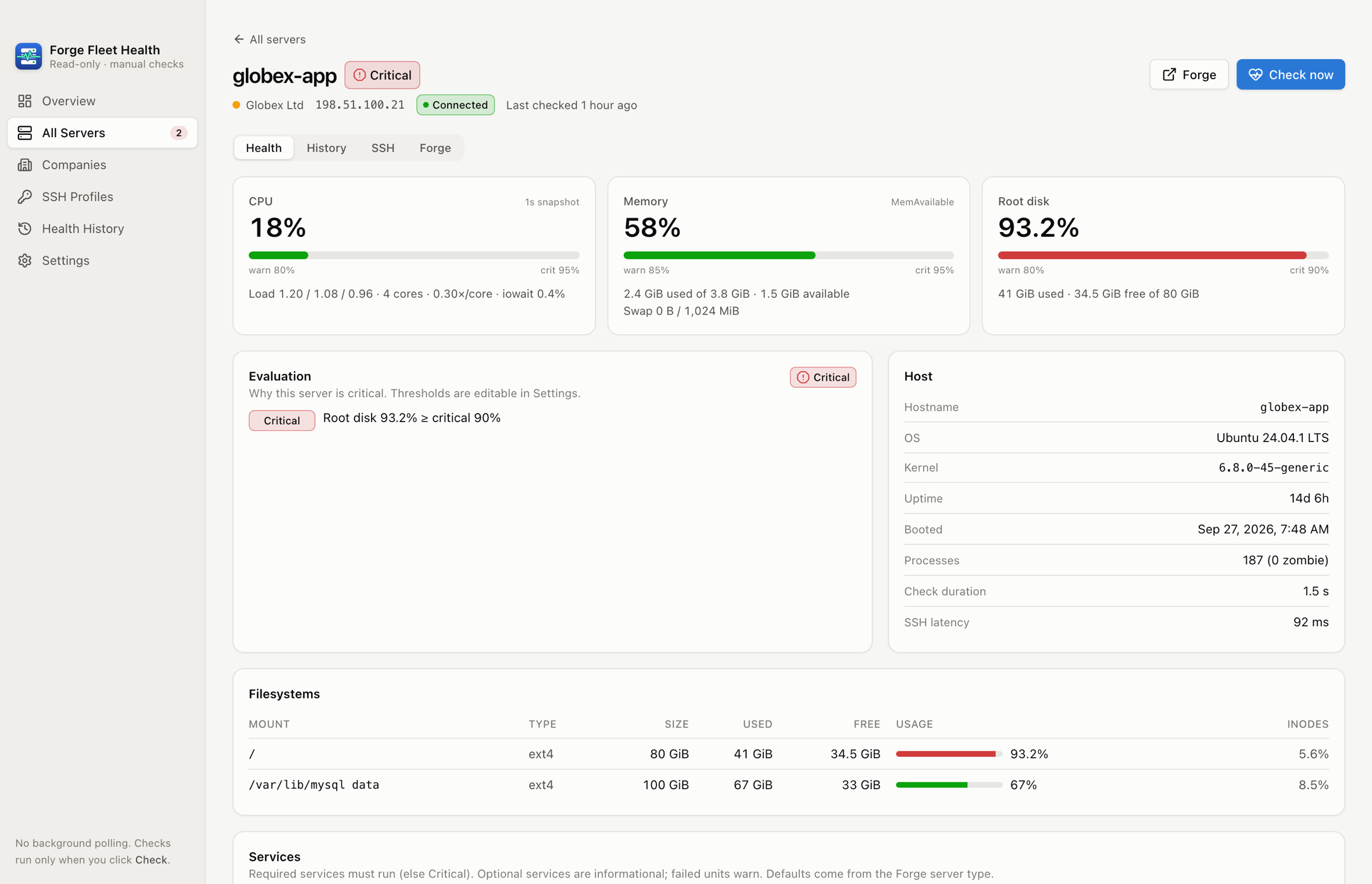 Forge Fleet Health server detail with CPU, memory and root disk gauges and an explanation of why the server is critical