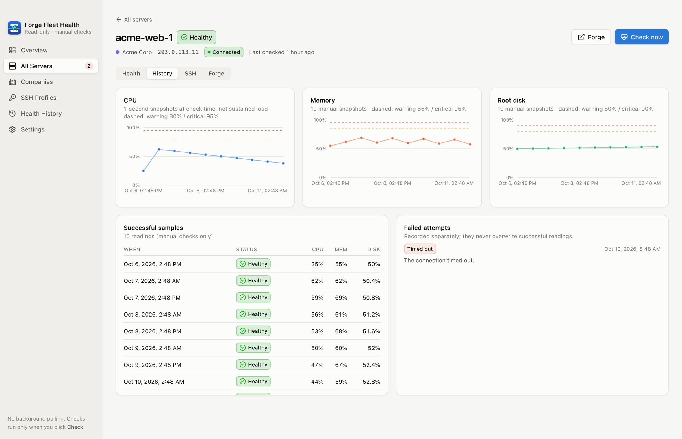 Forge Fleet Health history tab with CPU, memory and disk charts plus separate successful and failed check lists