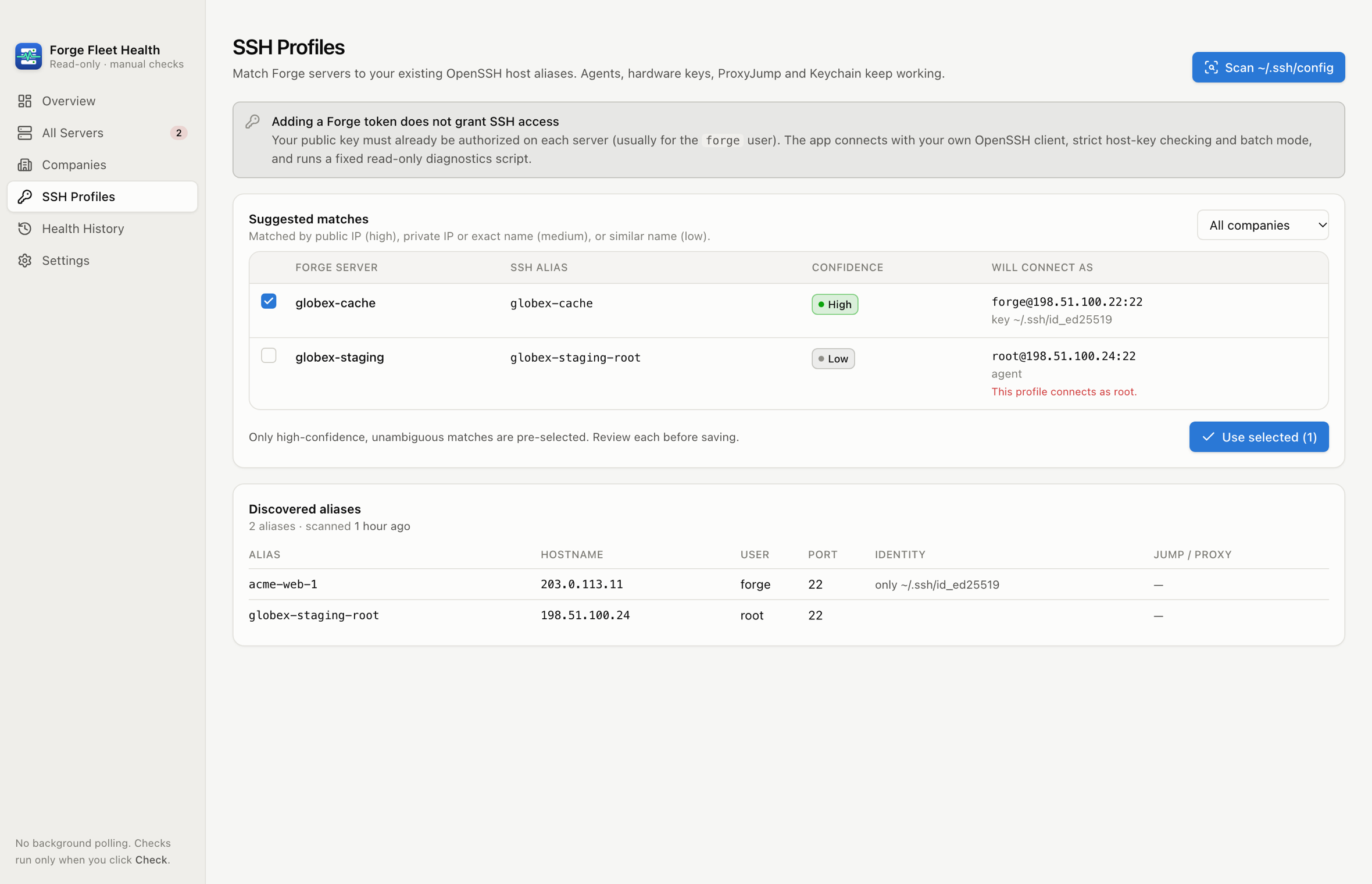 Forge Fleet Health SSH profile matching showing suggested ~/.ssh/config aliases with confidence levels