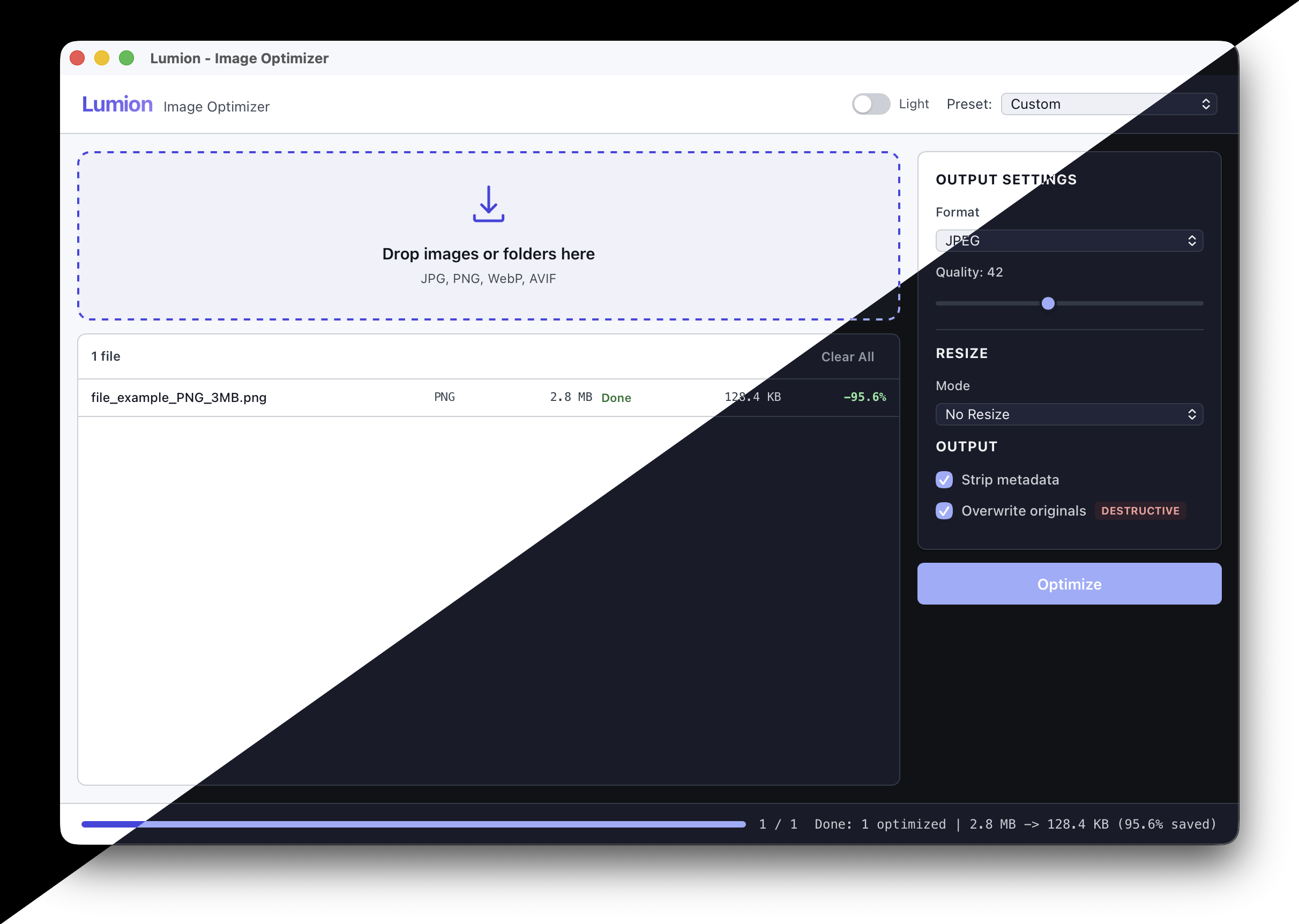 Lumion desktop app screenshot showing drag and drop image optimization