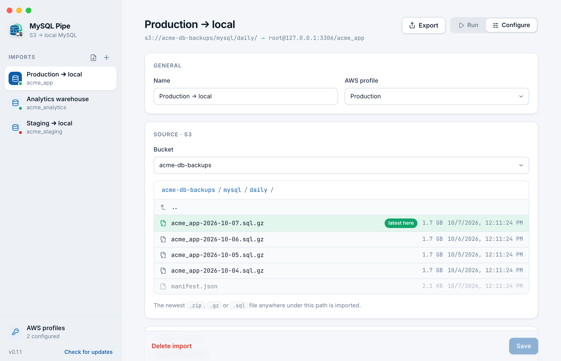 MySQL Pipe Configure tab with the import name, AWS profile, bucket picker, and S3 browser highlighting the newest .sql.gz dump as latest here