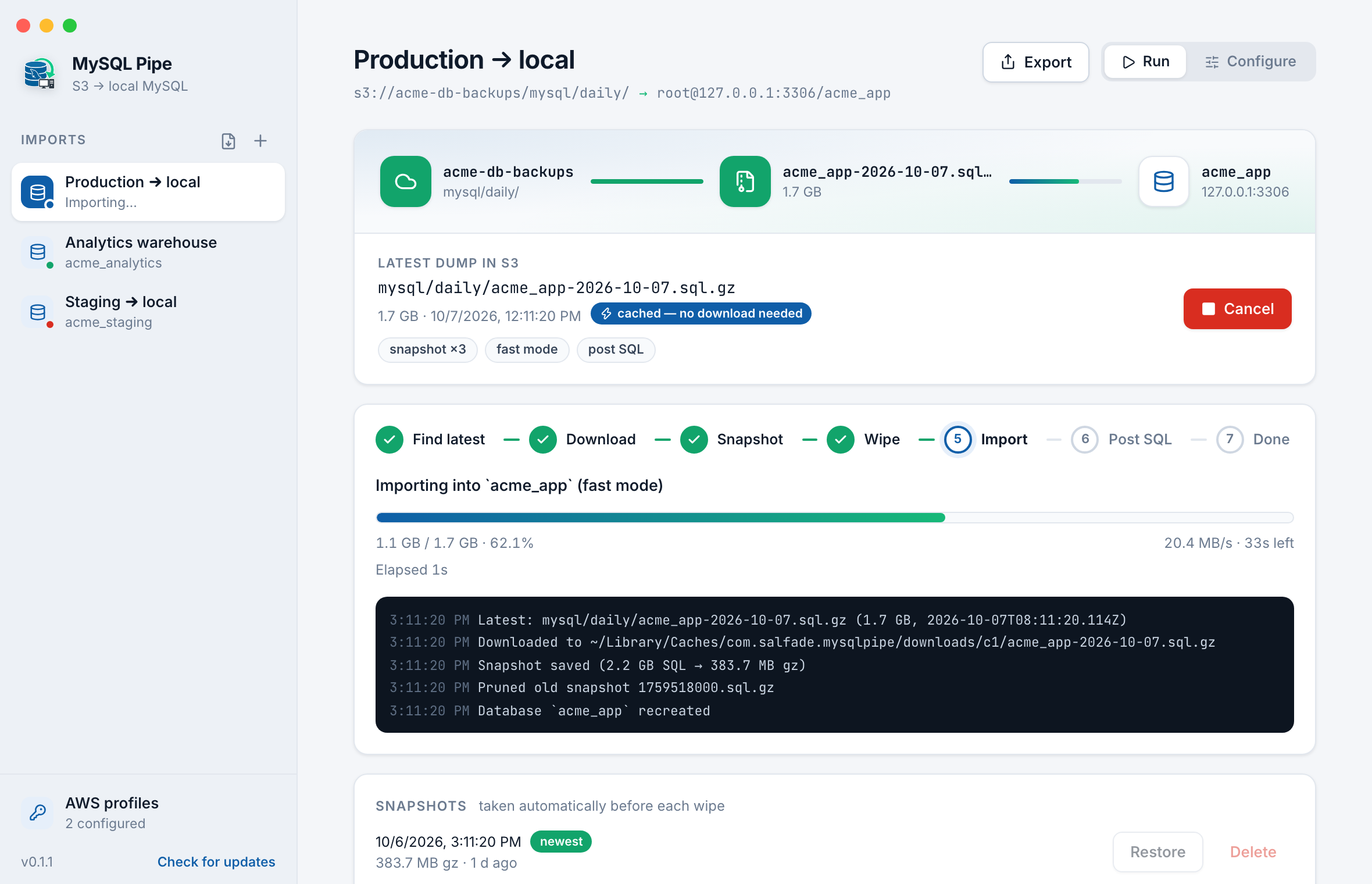 MySQL Pipe desktop app screenshot showing an S3-to-local import in progress, with the pipeline diagram, import progress bar, and live log