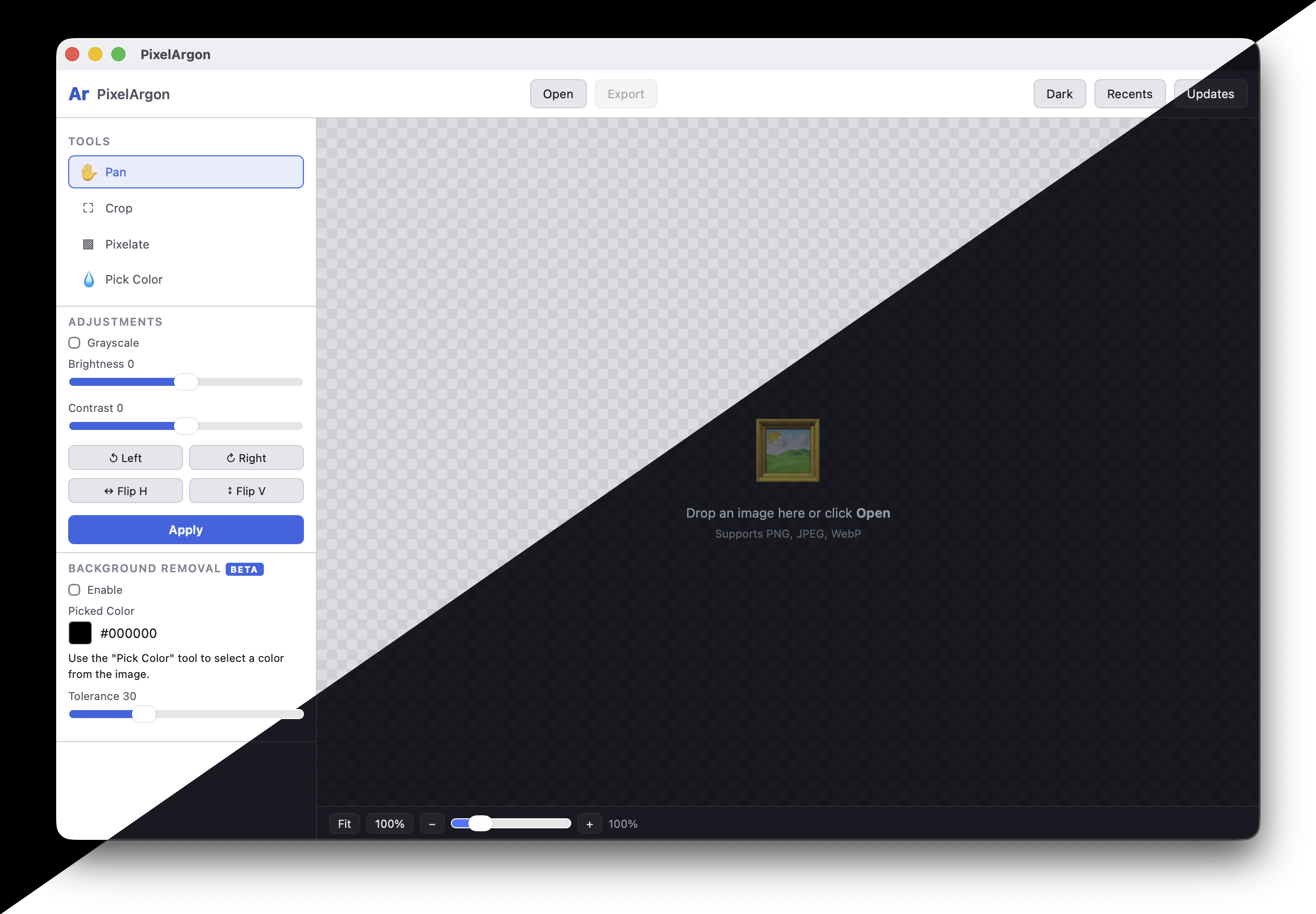PixelArgon desktop app screenshot showing image crop and edit interface