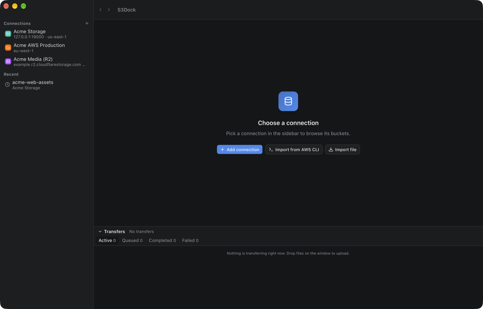 S3Dock connections sidebar with an S3-compatible server, an AWS account and a Cloudflare R2 account, and buttons to add a connection or import from the AWS CLI
