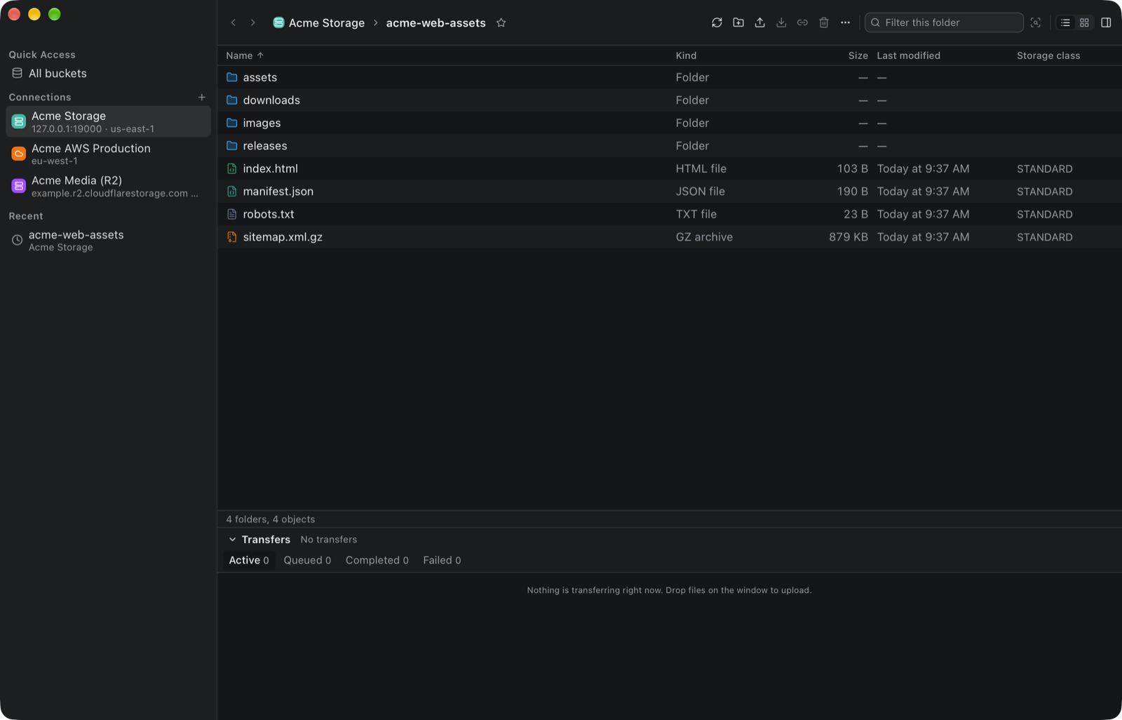 S3Dock browsing a bucket, with connections in the sidebar and folders and files listed with size, date and storage class