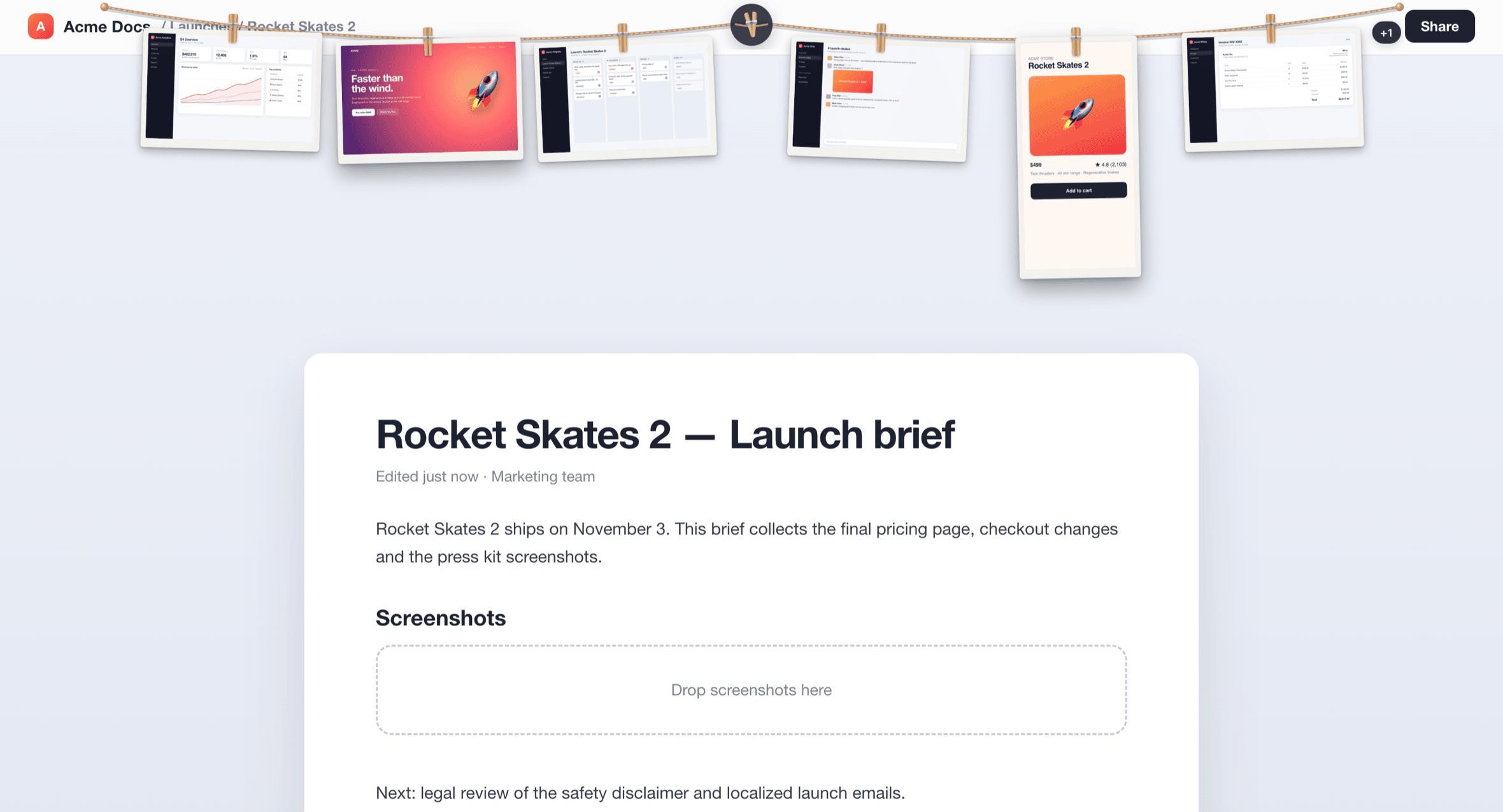 SnapLine clothesline unfurled across the top of the screen with screenshots hanging from wooden clothespins above a document