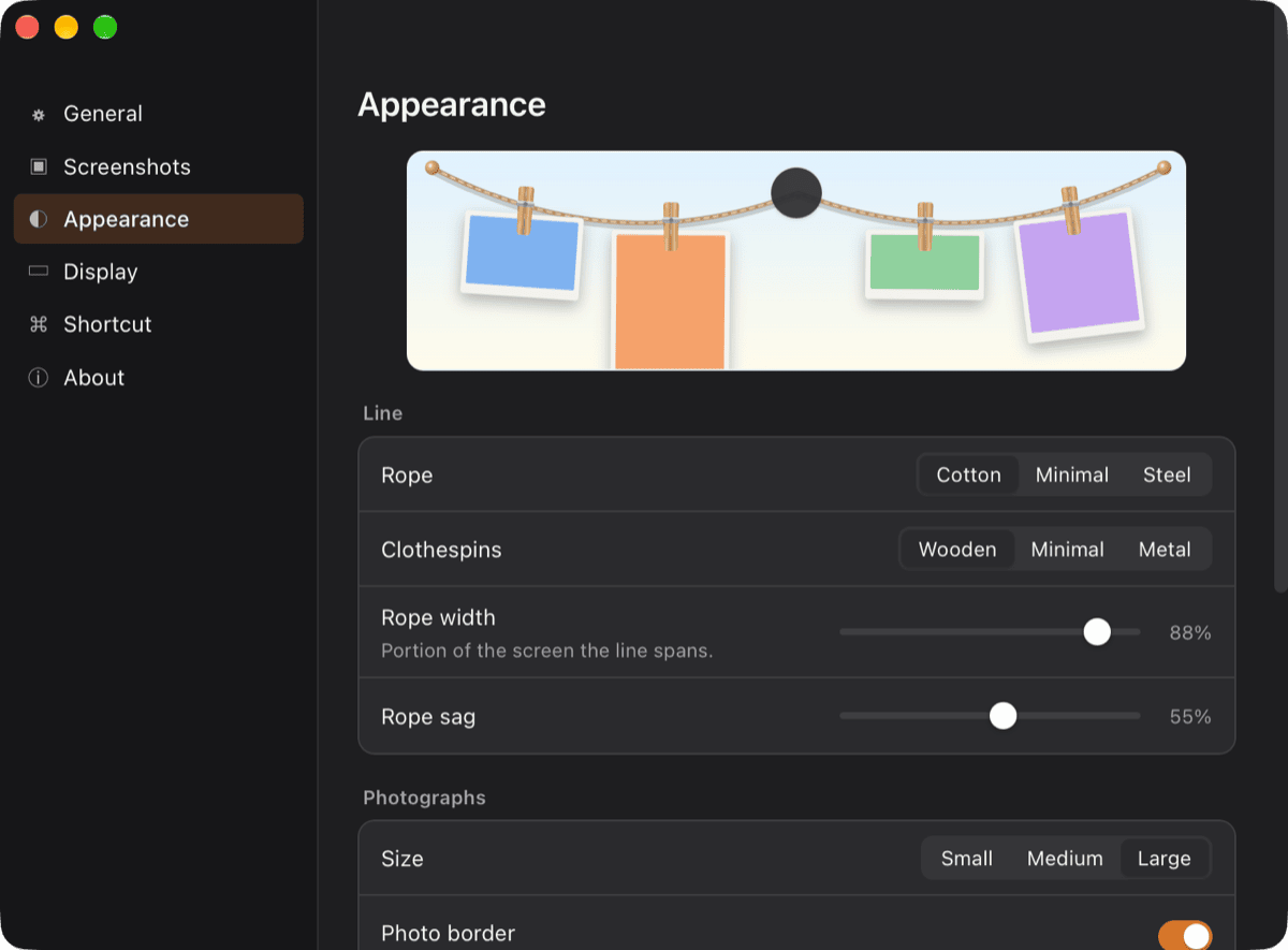 SnapLine Appearance settings with a live preview of the rope and clothespins